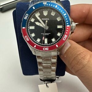 Fossil Silver Watch with Blue and Red Bezel